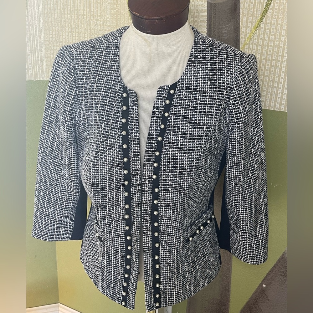 White House Black Market Navy and White Tweed Faux Pearl Jacket Size 12